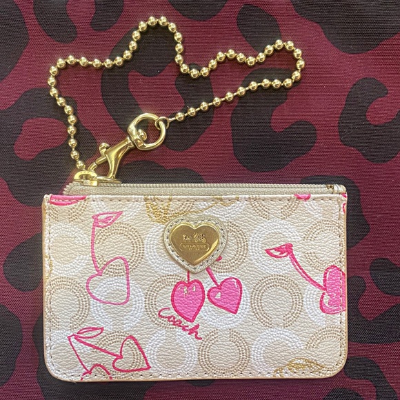 Coach Handbags - 🌈 Coach Poppy Wristlet ID Wallet Pink & Gold Cherry Hearts🌈